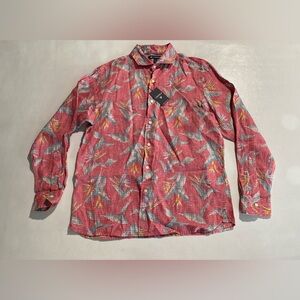 NEW- Size L Mens Cremieux Long Sleeve Button Down Shirt Linen Pink Floral